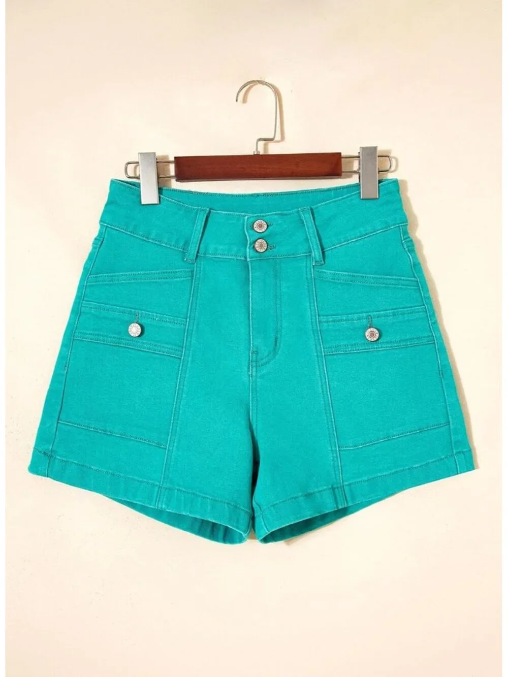 Women's Sea Green High Waisted Stretchy Shorts Double Button Denim Jean Shorts